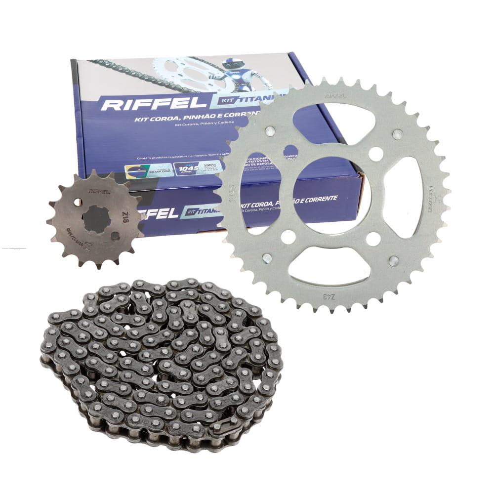 Juego Engranes RIFFEL Titanium (91401) 43DX16D con Cadena 428HX120L P/HONDA Titan 150 /GL150 /GL150