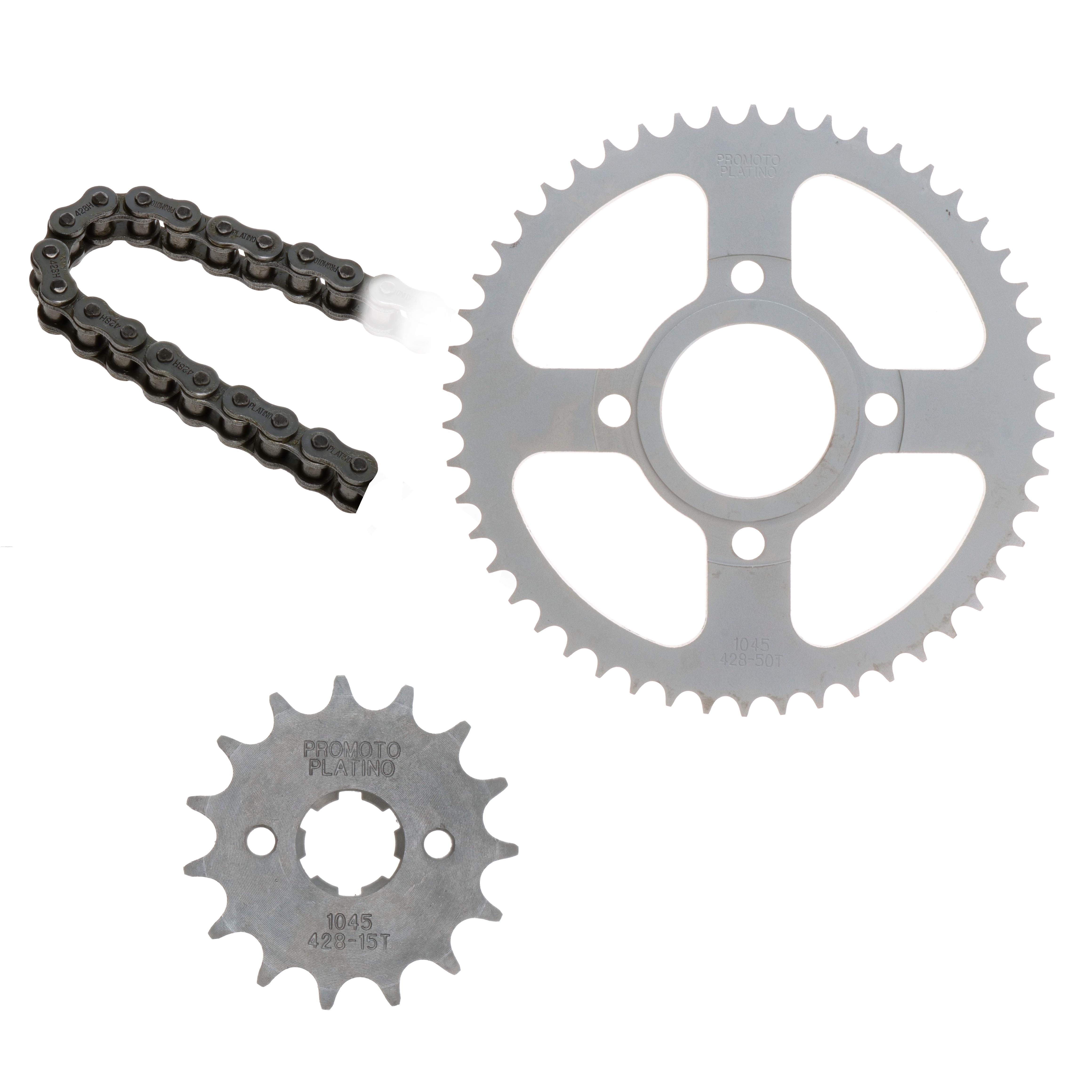 Juego Engranes PROMOTO PLATINO 50DX15D con Cadena 428H-130L Vento Crossmax 250