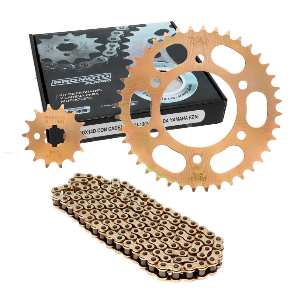 Juego Engranes PROMOTO PLATINO 40DX14D con Cadena 428H-130L Dorada Yamaha FZ16