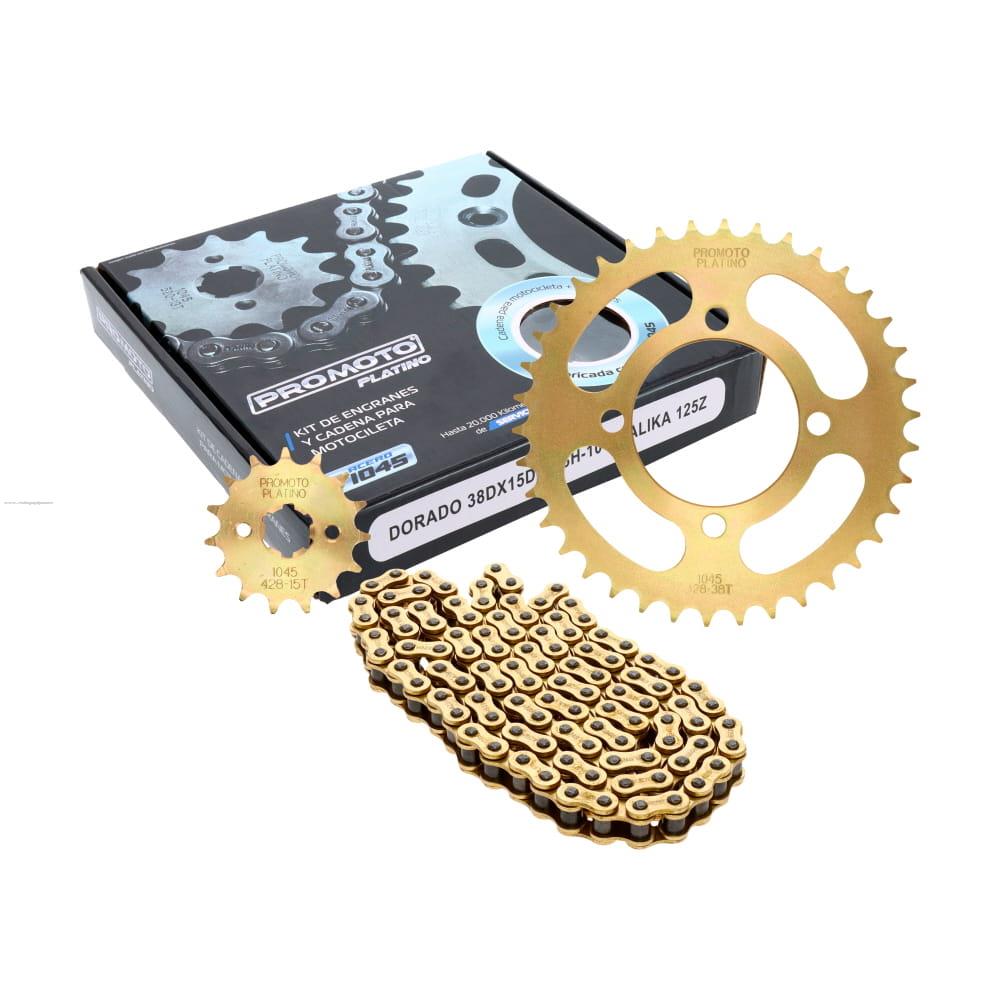 Juego Engranes PROMOTO PLATINO Dorado 38DX15D con Cadena 428H-104L Italika 125Z