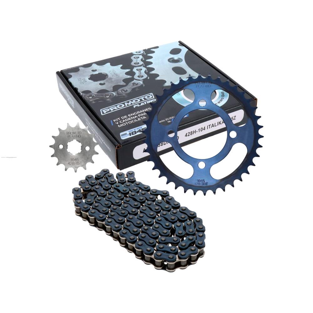Juego Engranes PROMOTO PLATINO Azul 38DX15D con Cadena 428H-104L Italika 125Z