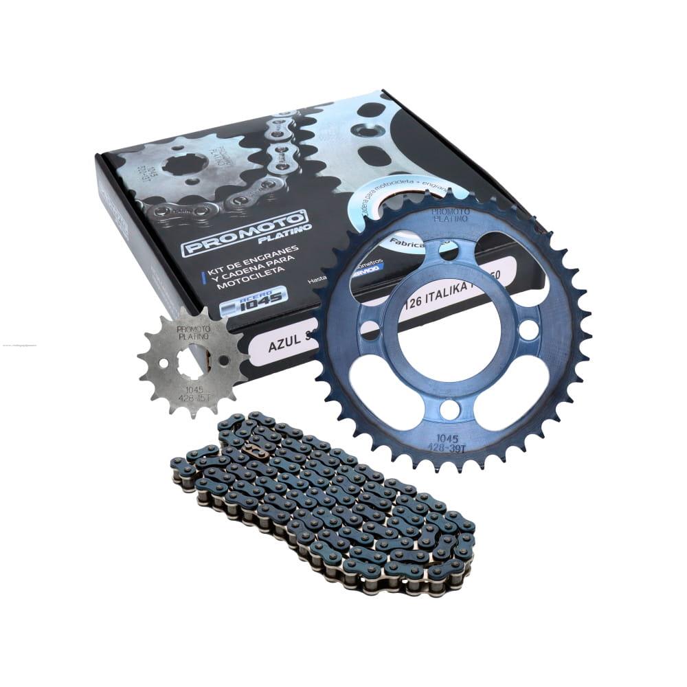 Juego Engranes PROMOTO PLATINO Azul 39DX15D con Cadena 428H-126L Italika FT150