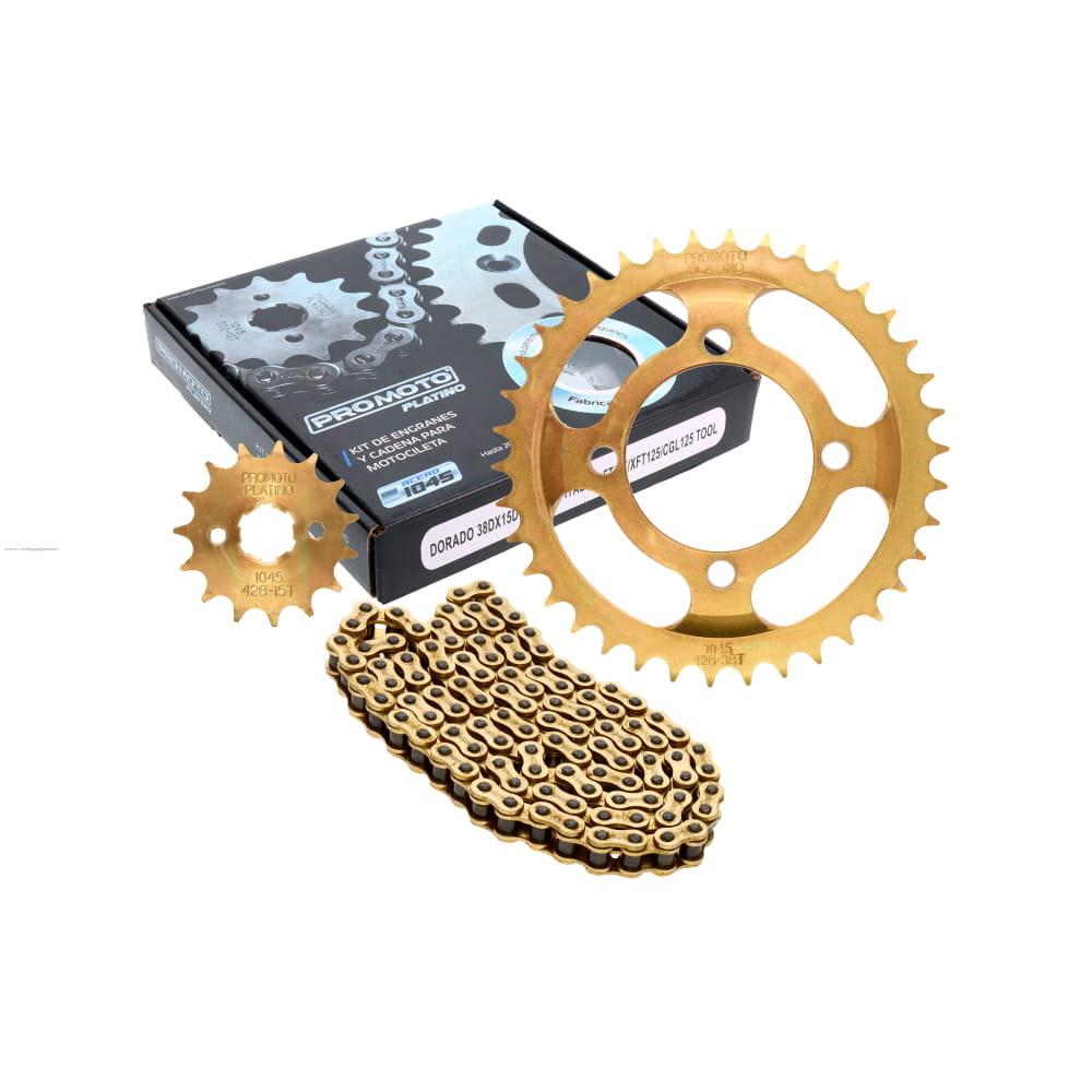 Juego Engranes PROMOTO PLATINO Dorado 38DX15D con Cadena 428H-108L Italika FT/DT/XFT125/CGL125 Tool