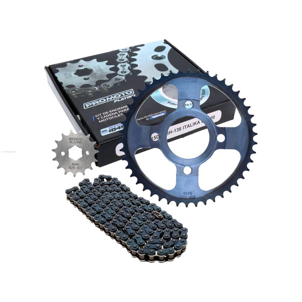 Juego Engranes PROMOTO PLATINO Azul 46DX15D con Cadena 428H-136L Italika DM200