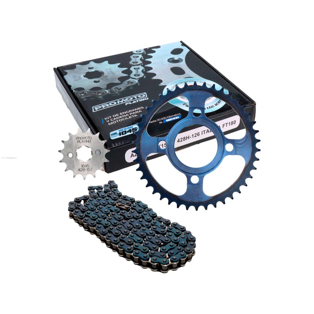 Juego Engranes PROMOTO PLATINO Azul 42DX15D con Cadena 428H-126L Italika FT180