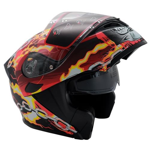 Casco Abatible R7 RACING Unscarred Skull Chain Doble Mica Dot S ROJ/BCO/AMA/NGO/MATE