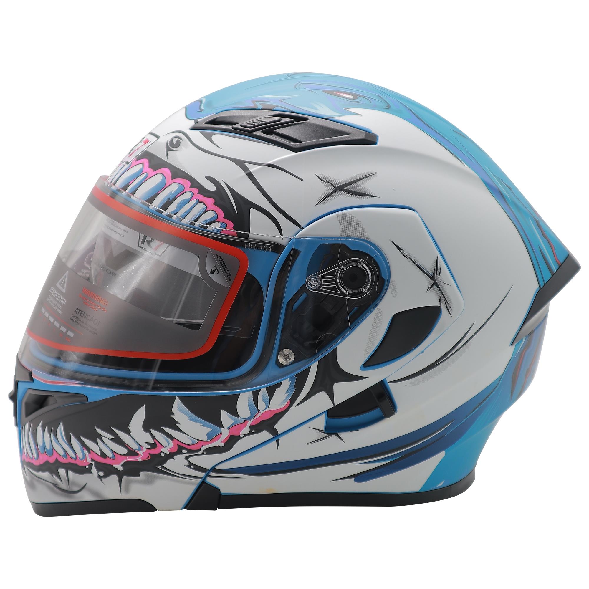 Casco Abatible R7 RACING Unscarred Tiburon Doble Mica Dot M BCO/AZL/MATE