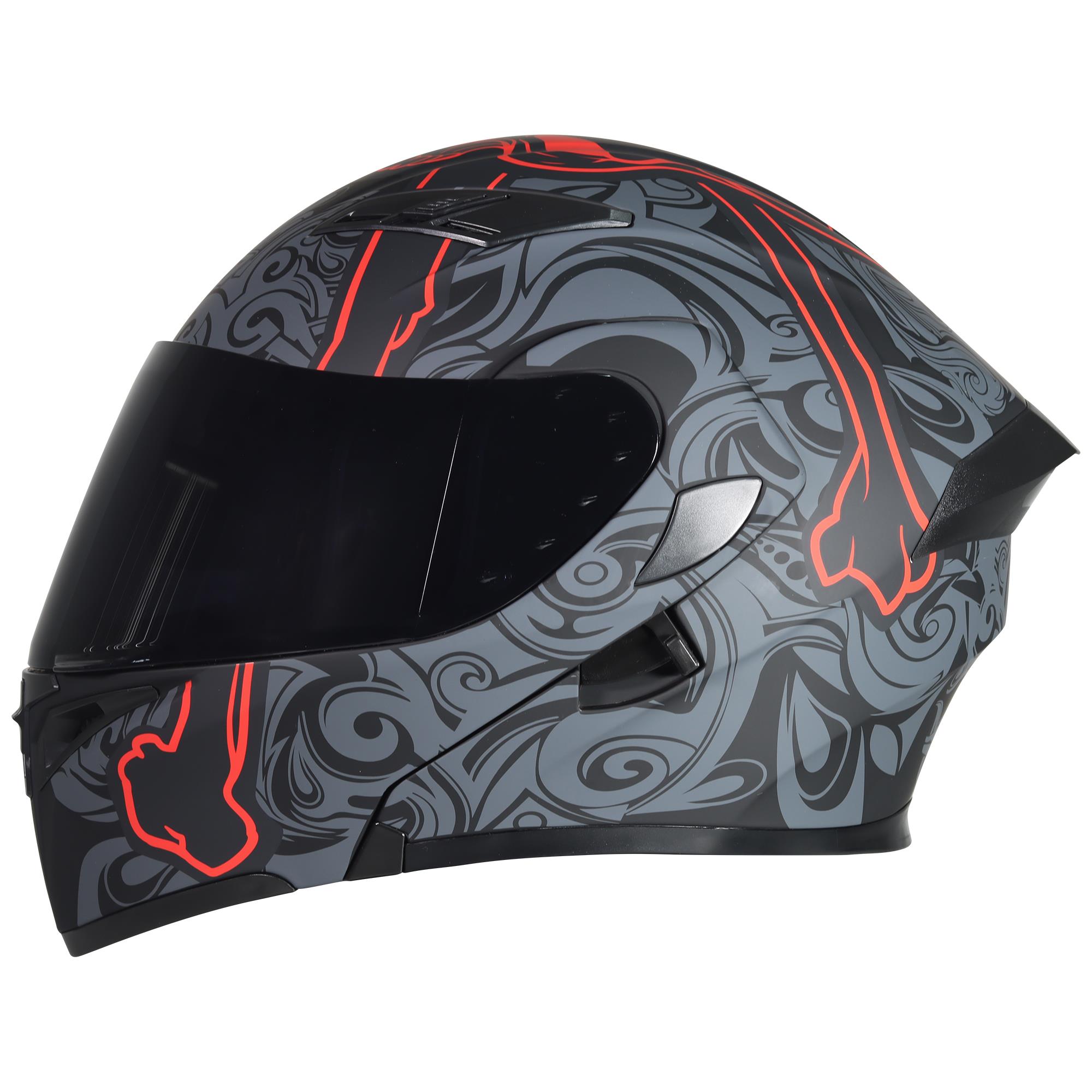 Casco Abatible R7 RACING Unscarred Tribal Skull con Led Doble Mica Dot L GRS/ROJ/NGO/MATE